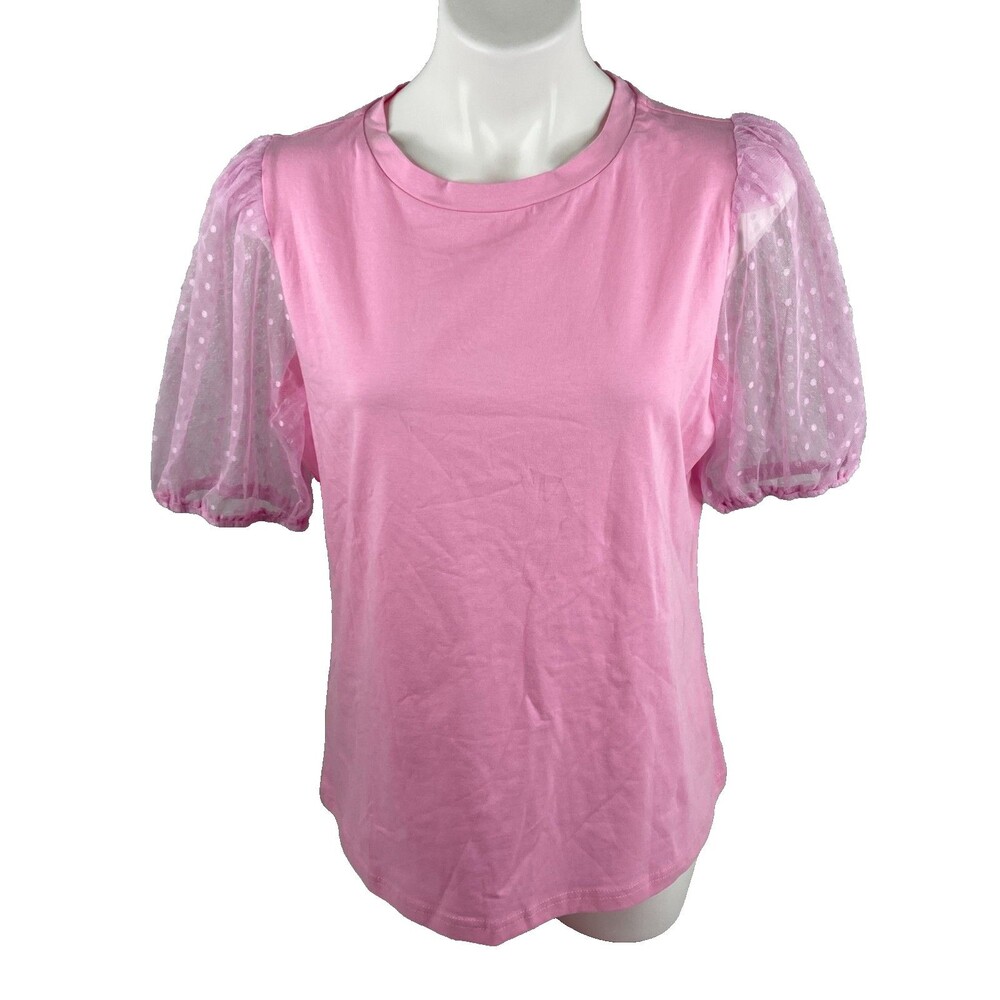 Women Large Pink T Shirt Puff Sheer Sleeve Casual Princess NWT